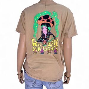 A-Lab We Love Our Locals Mushroom Graphic Tee Tan Large Fairycore Neon Festival